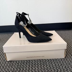 Marc Fisher Dancee Womens Rhinestone Ankle Strap Pumps Heels Black Suede Size 8